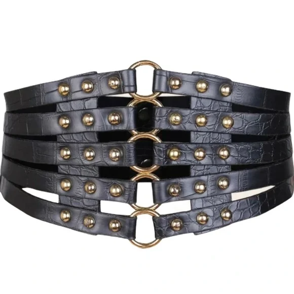 Last one! Black Cage faux leather wide Belt gold hardware - Picture 1 of 8